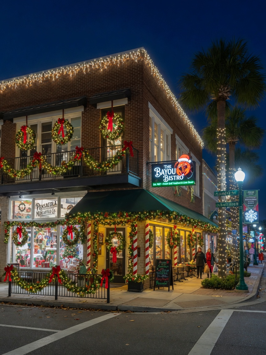 Downtown Pensacola storefront decorated with professional commercial holiday lighting