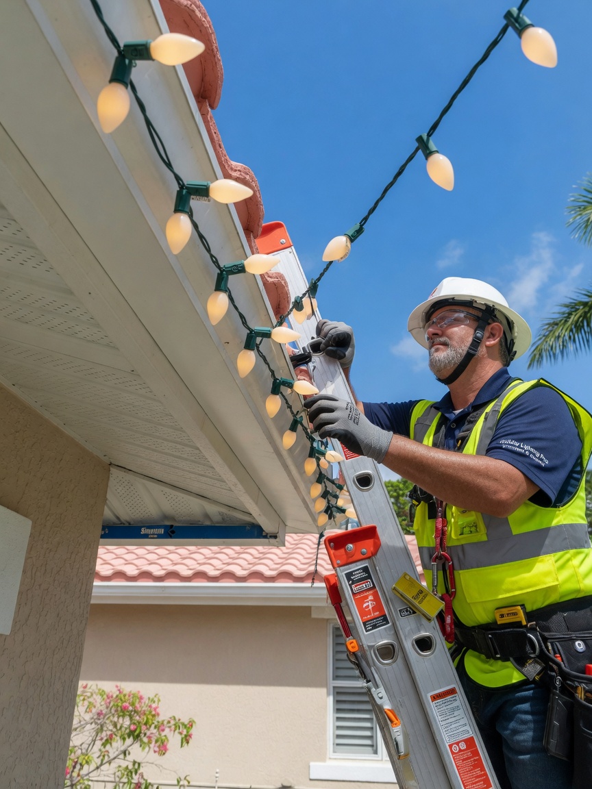 A Show My Lights installer on a ladder clipping warm white Christmas lights to a home's roofline