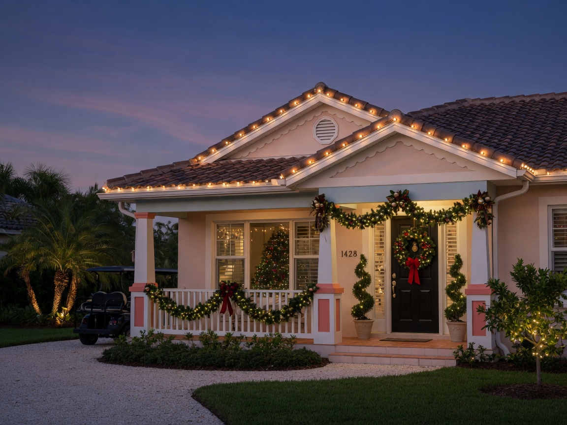 Warm white Christmas lights along a Pensacola home's roofline with a lit wreath