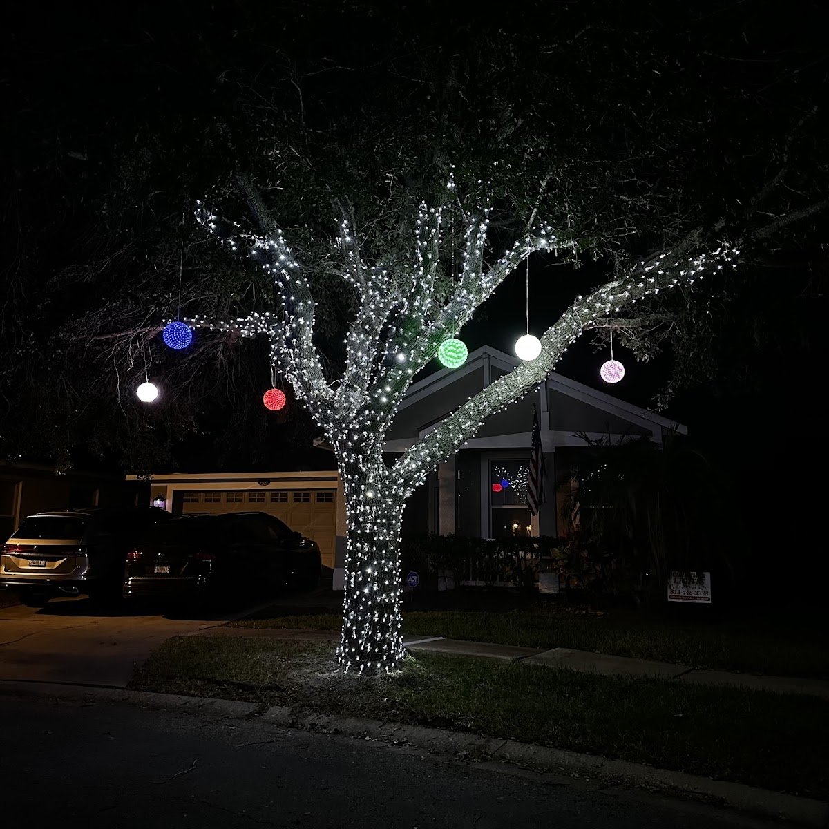 A large yard tree fully wrapped in cool white lights with hanging illuminated color orbs, a single-story home and parked cars behind at night.