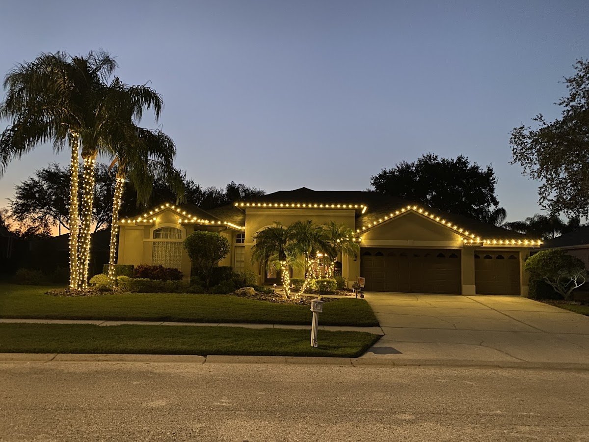 A single-story home outlined in warm white lights at dusk under a blue sky, tall palm trunks wrapped in mini lights and landscaping lit in front.