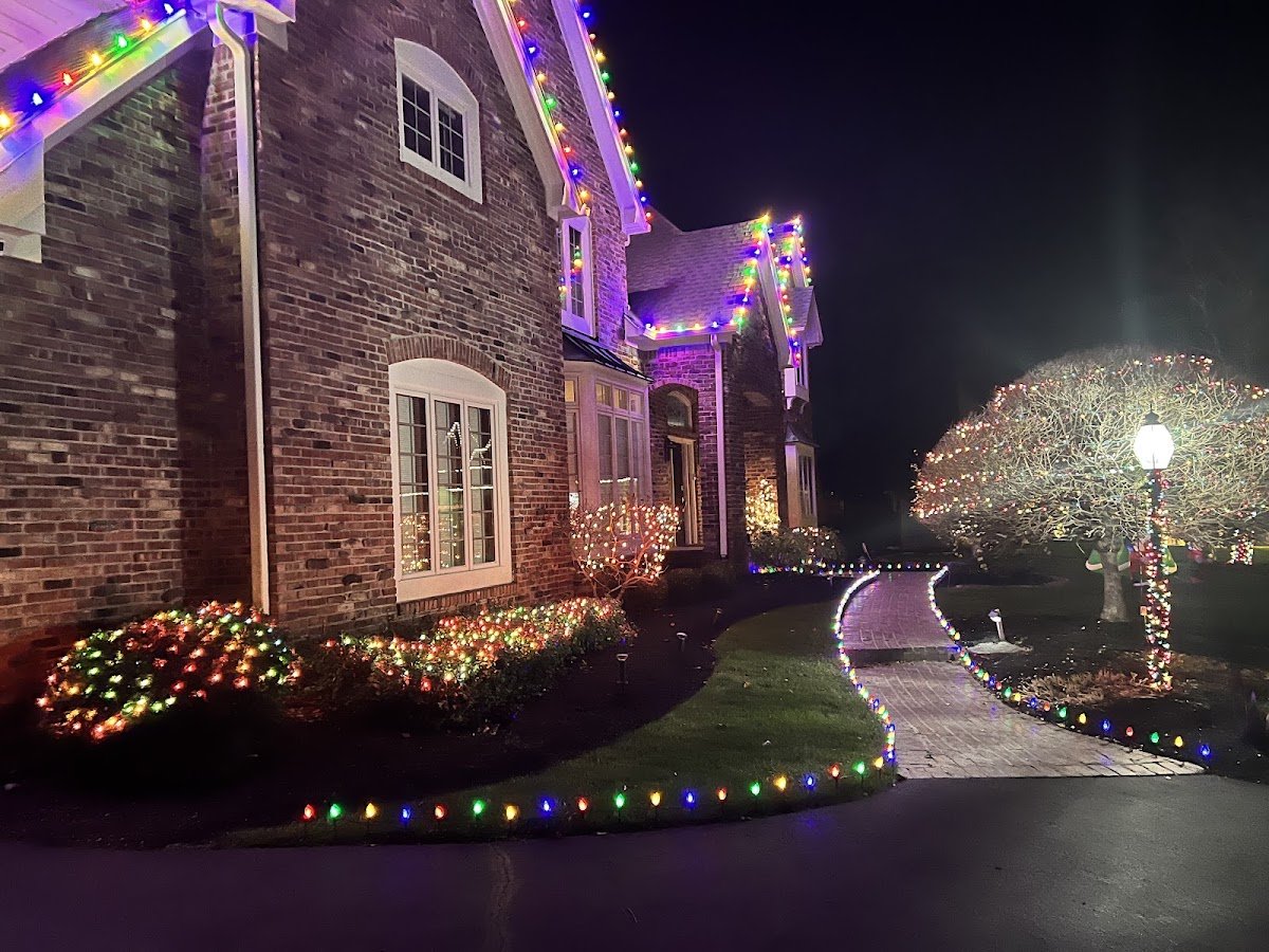 A brick home with multicolor roofline lights, mini lights lining the walkway and driveway, and shrubs and a tree lit in color at night.