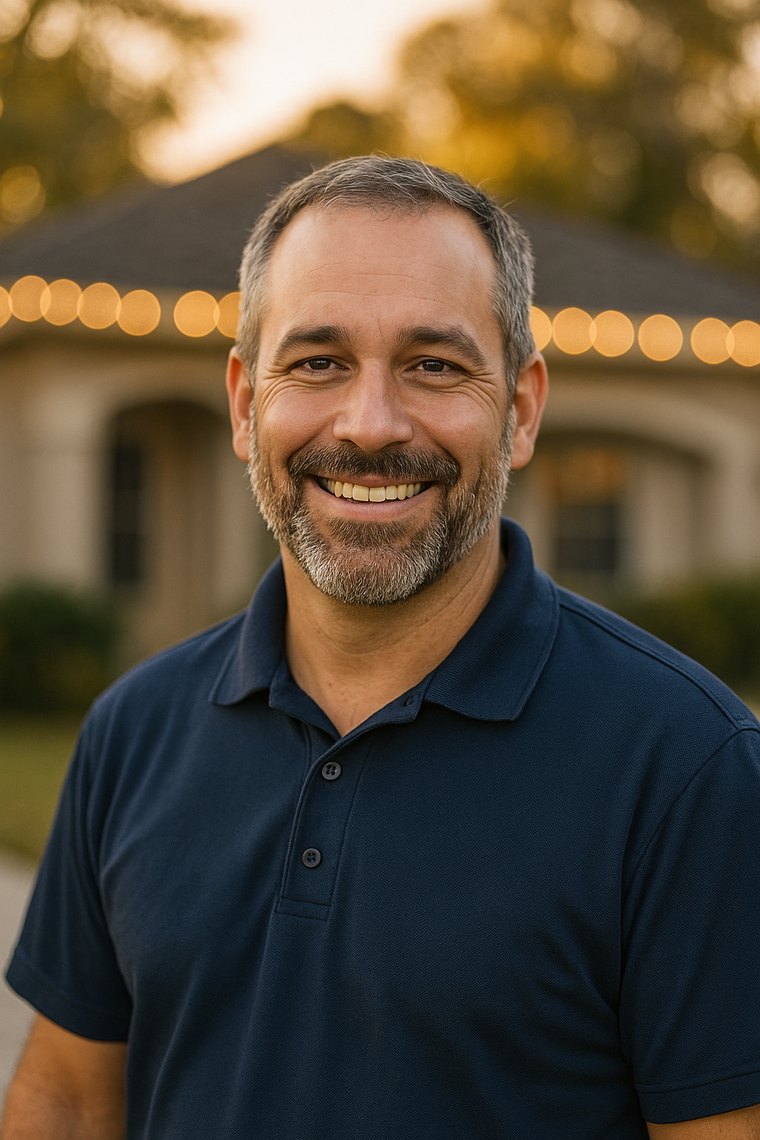 Marcus Hale, owner and lead installer of Show My Lights, in front of a home lit with warm white Christmas lights